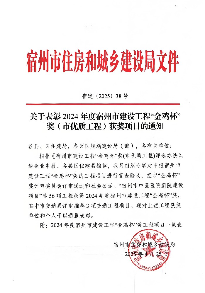 公司監理項目斬獲宿州市“金雞杯”獎，劉斌同志榮獲“優秀總監理工程師”榮譽